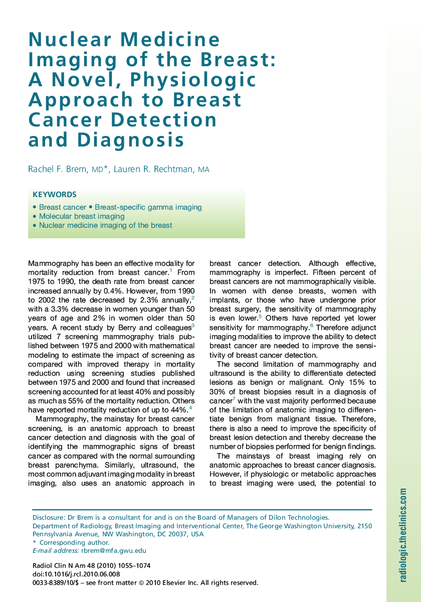 Nuclear Medicine Imaging of the Breast: A Novel, Physiologic Approach to Breast Cancer Detection and Diagnosis