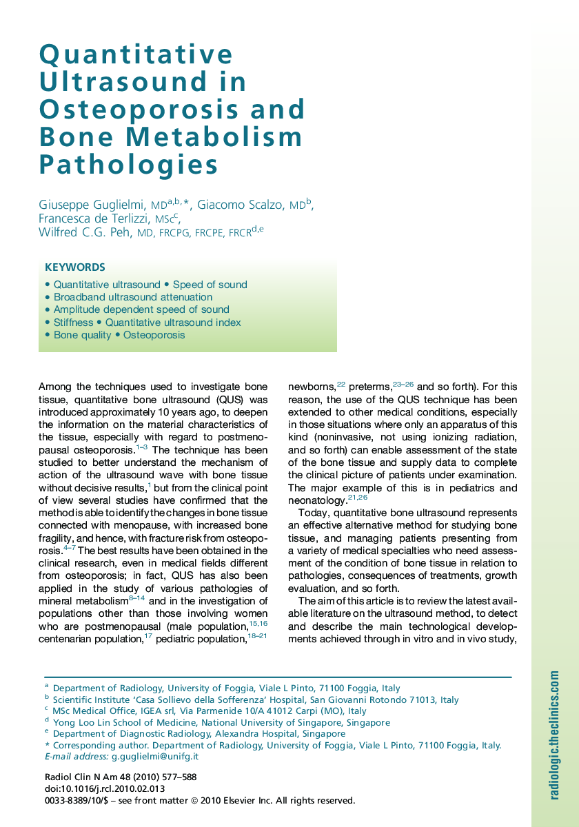 Quantitative Ultrasound in Osteoporosis and Bone Metabolism Pathologies
