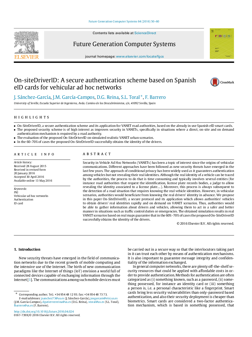 On-siteDriverID: A secure authentication scheme based on Spanish eID cards for vehicular ad hoc networks