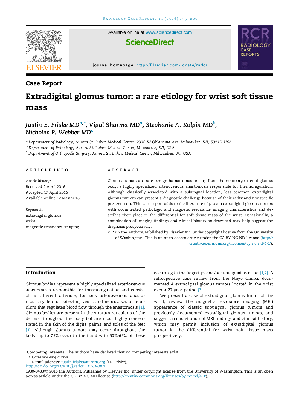 Extradigital glomus tumor: a rare etiology for wrist soft tissue mass 