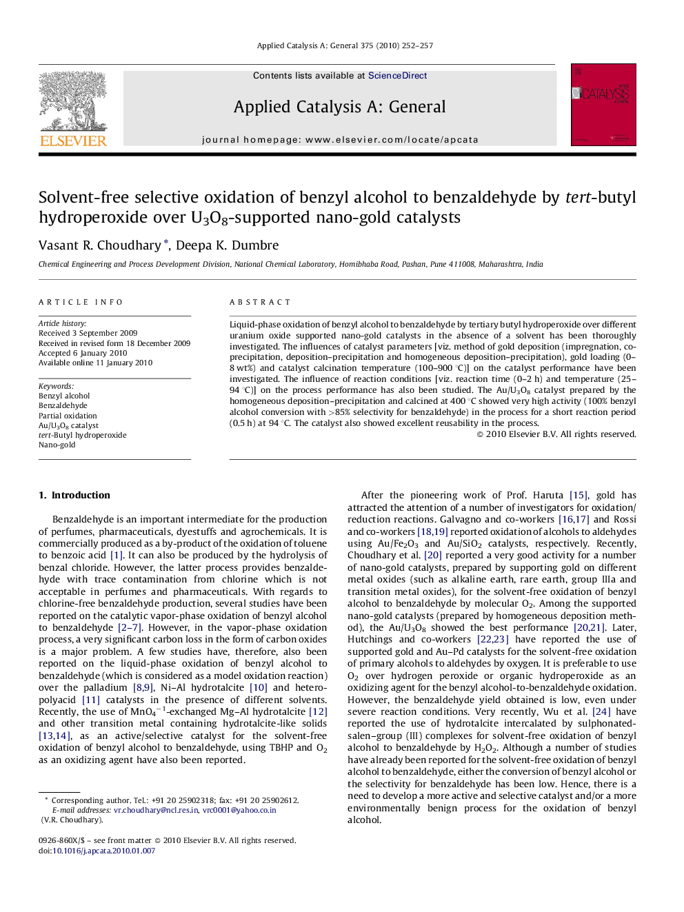 Solvent-free selective oxidation of benzyl alcohol to benzaldehyde by tert-butyl hydroperoxide over U3O8-supported nano-gold catalysts