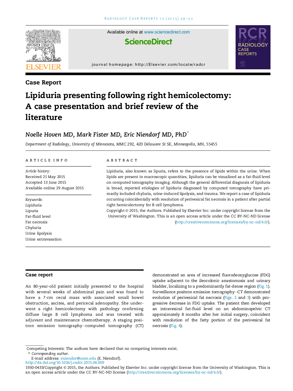 Lipiduria presenting following right hemicolectomy: A case presentation and brief review of the literature 