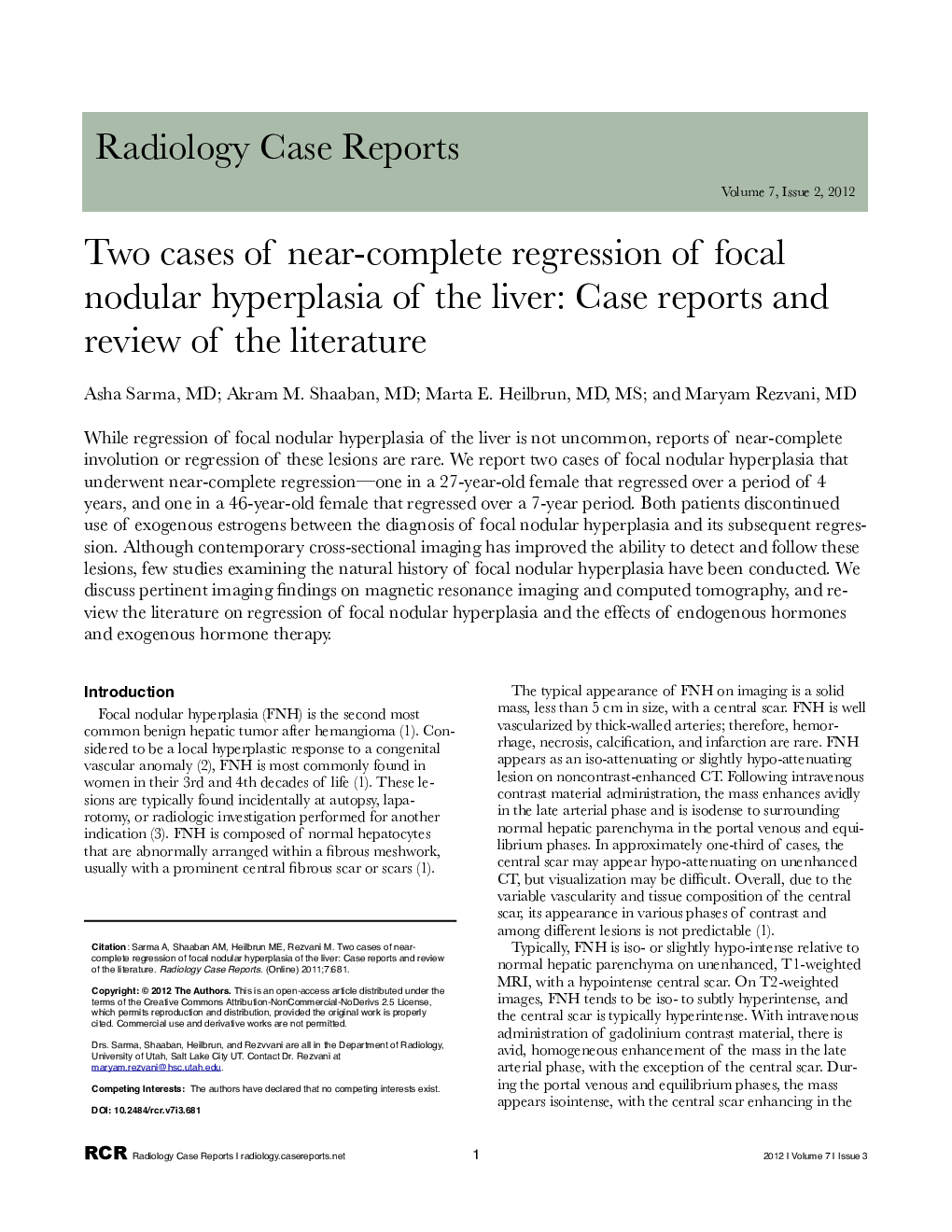 Two cases of near-complete regression of focal nodular hyperplasia of the liver: Case reports and review of the literature