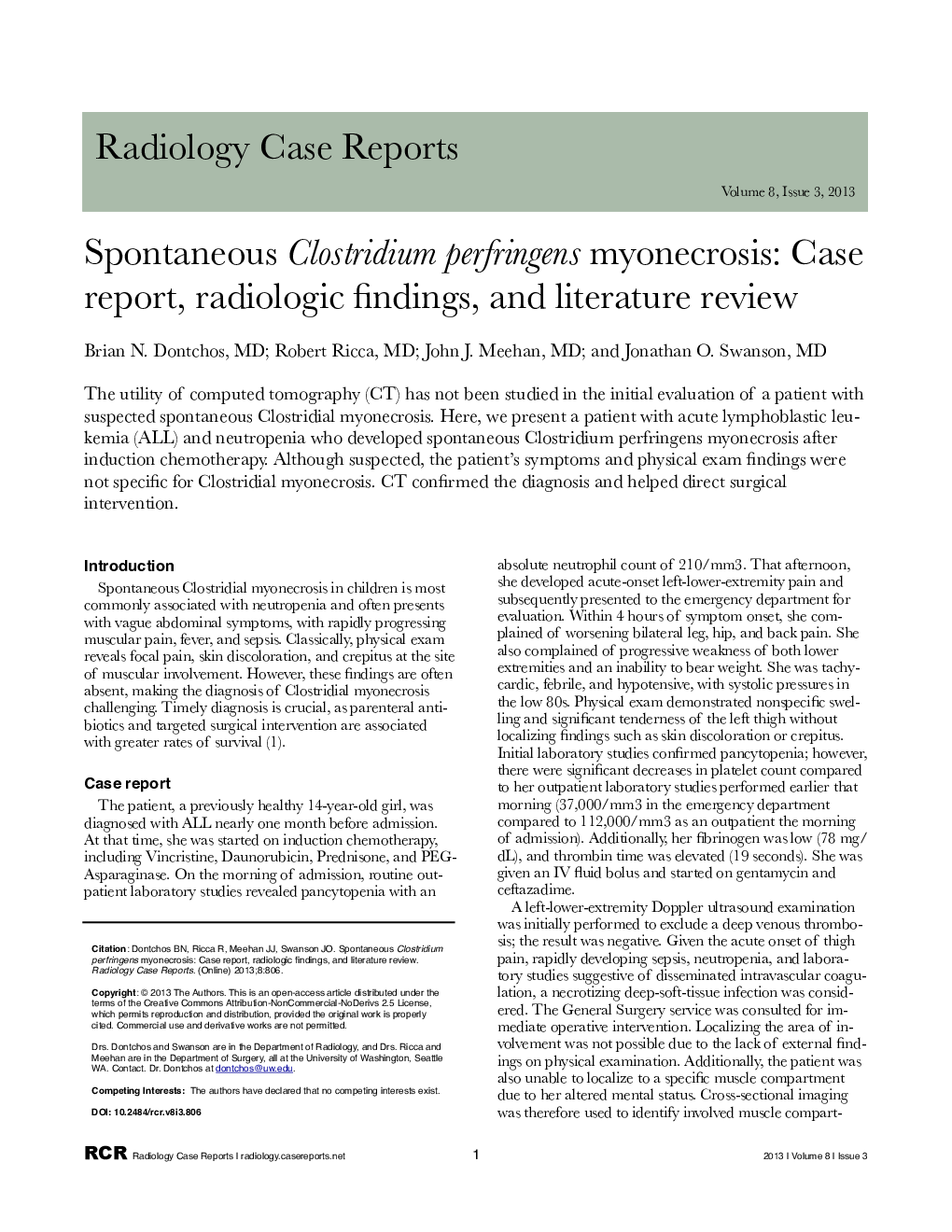 Spontaneous Clostridium perfringens myonecrosis: Case report, radiologic findings, and literature review