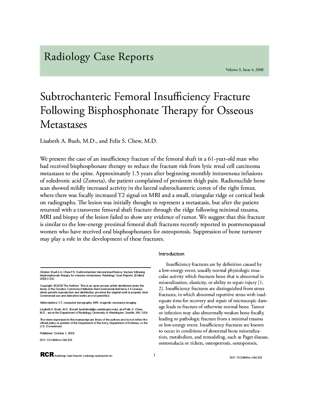 Subtrochanteric Femoral Insufficiency Fracture Following Bisphosphonate Therapy for Osseous Metastases