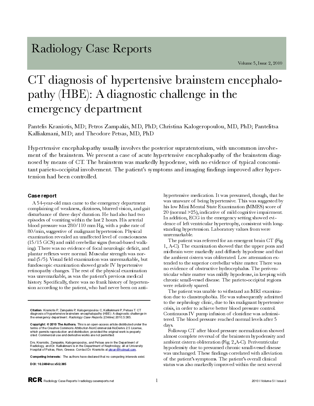 CT diagnosis of hypertensive brainstem encephalopathy (HBE): A diagnostic challenge in the emergency department