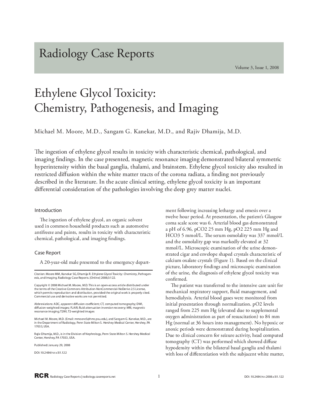 Ethylene Glycol Toxicity: Chemistry, Pathogenesis, and Imaging