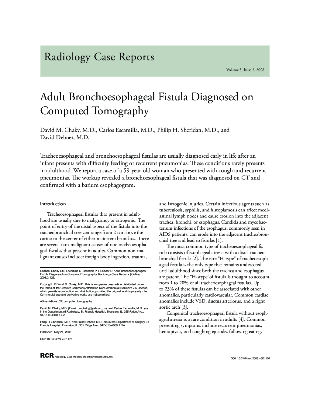 Adult Bronchoesophageal Fistula Diagnosed on Computed Tomography