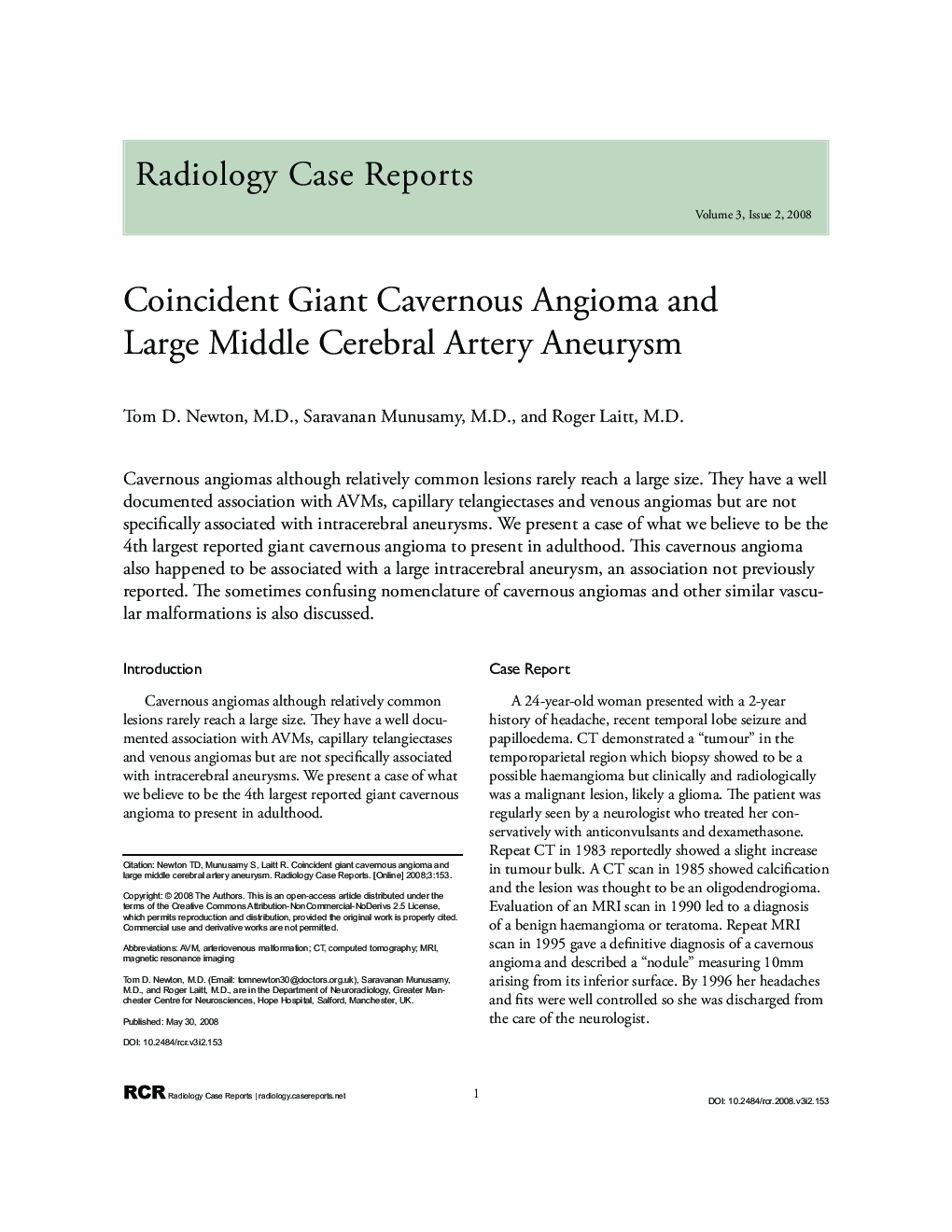 Coincident Giant Cavernous Angioma and Large Middle Cerebral Artery Aneurysm