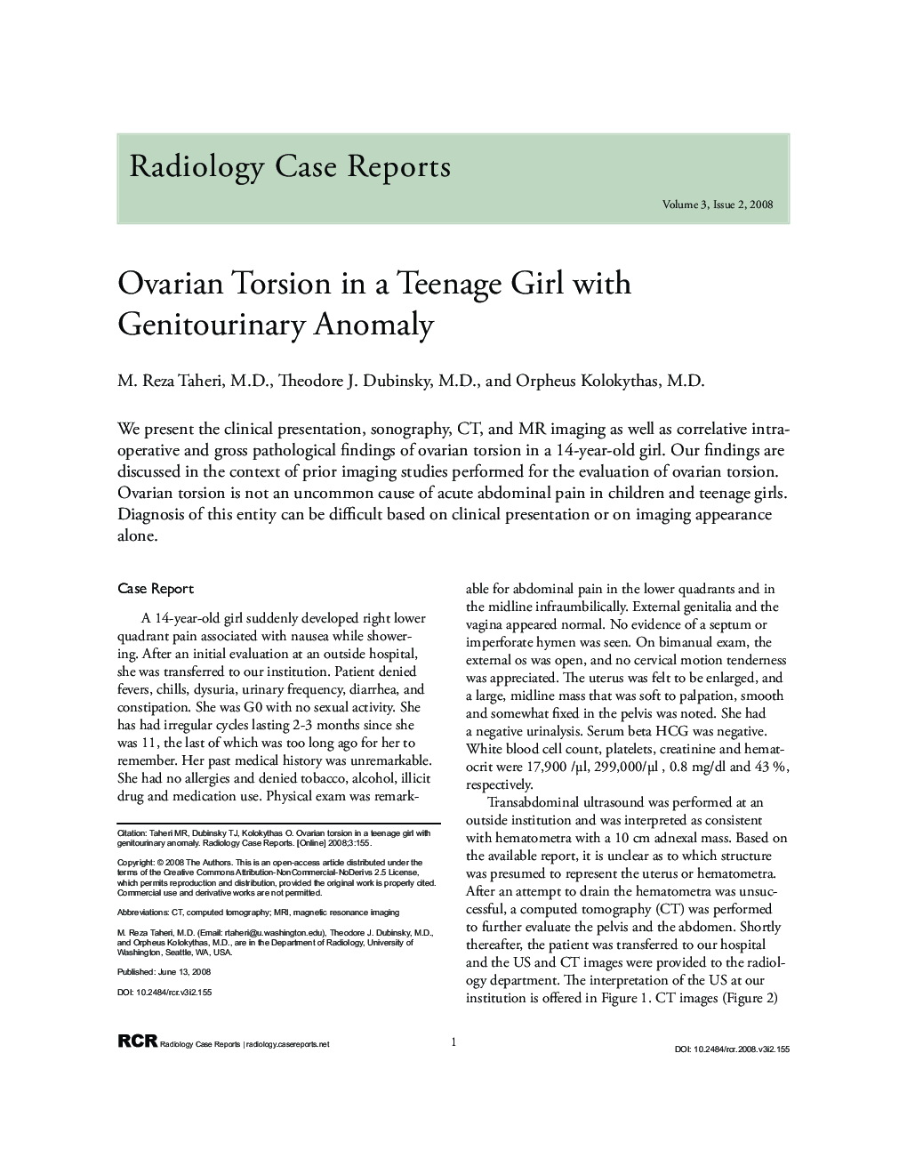 Ovarian Torsion in a Teenage Girl with Genitourinary Anomaly