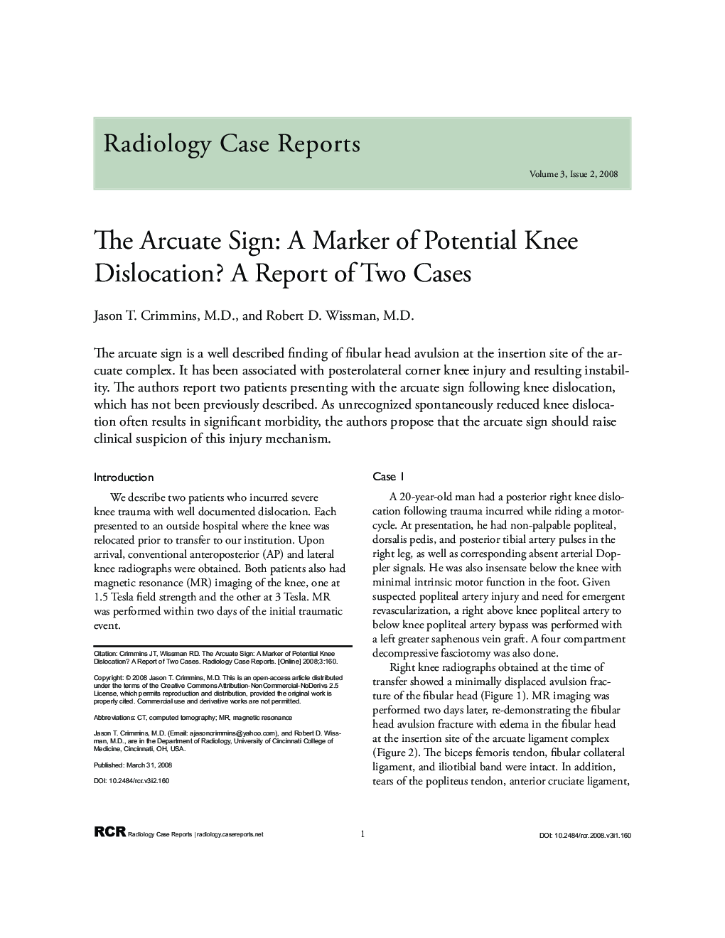 The Arcuate Sign: A Marker of Potential Knee Dislocation? A Report of Two Cases