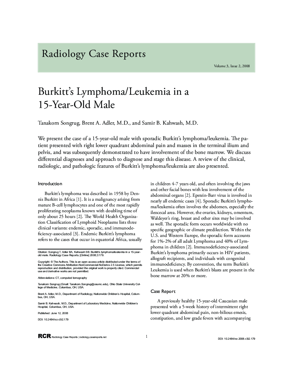 Burkitt's Lymphoma/Leukemia in a 15-Year-Old Male