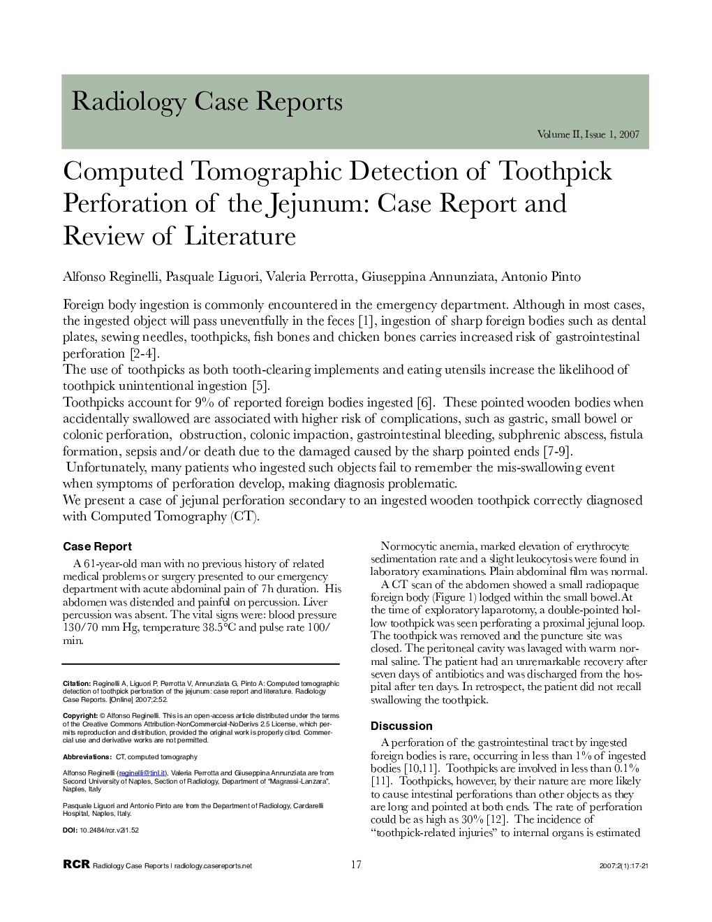 Computed Tomographic Detection of Toothpick Perforation of the Jejunum: Case Report and Review of the Literature 