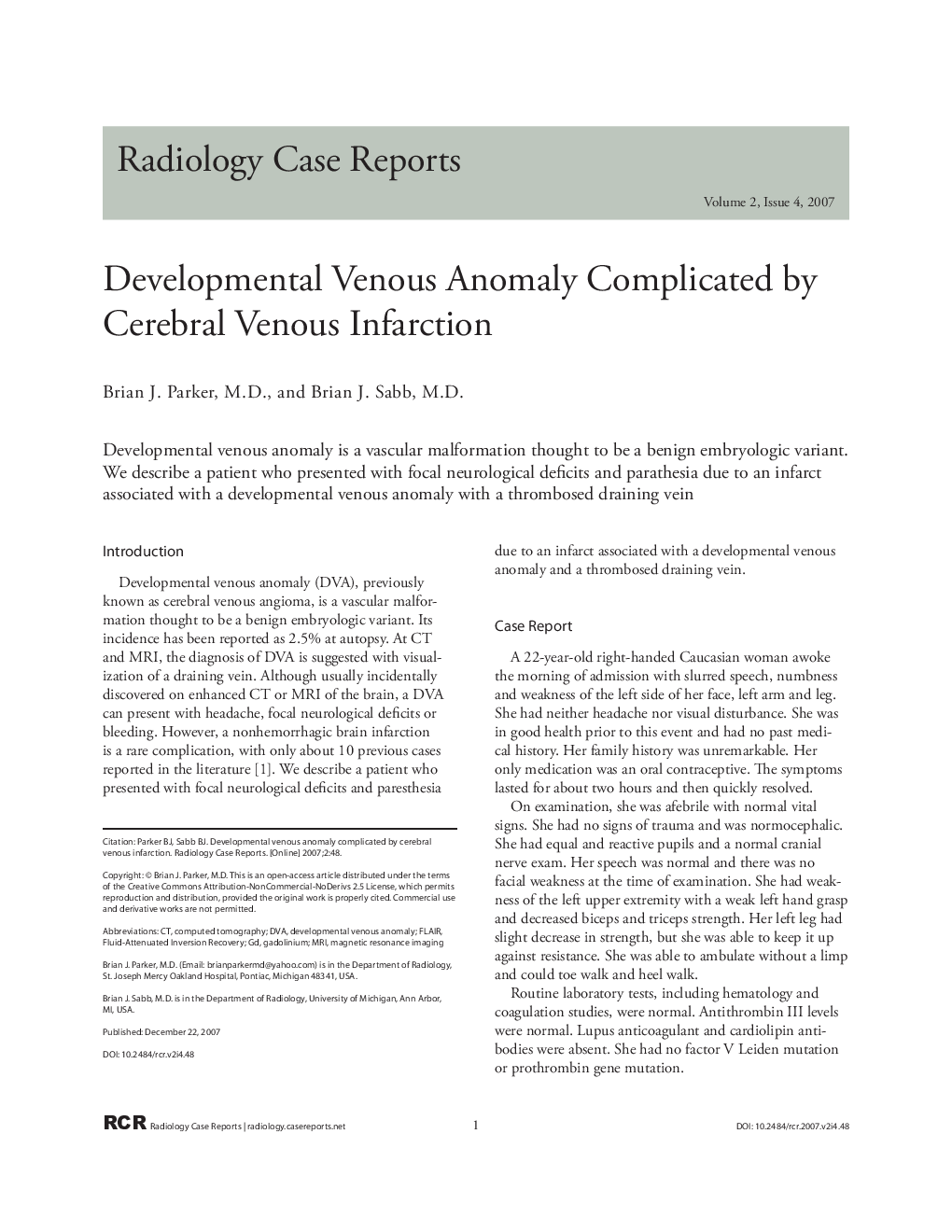 Developmental Venous Anomaly Complicated by Cerebral Venous Infarction