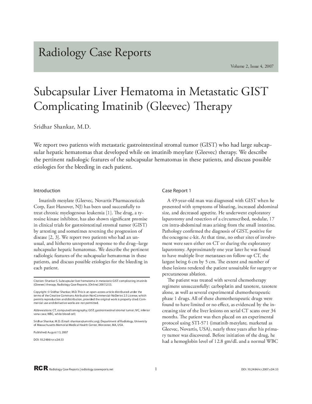 Subcapsular Liver Hematoma in Metastatic GIST Complicating Imatinib (Gleevec) Therapy