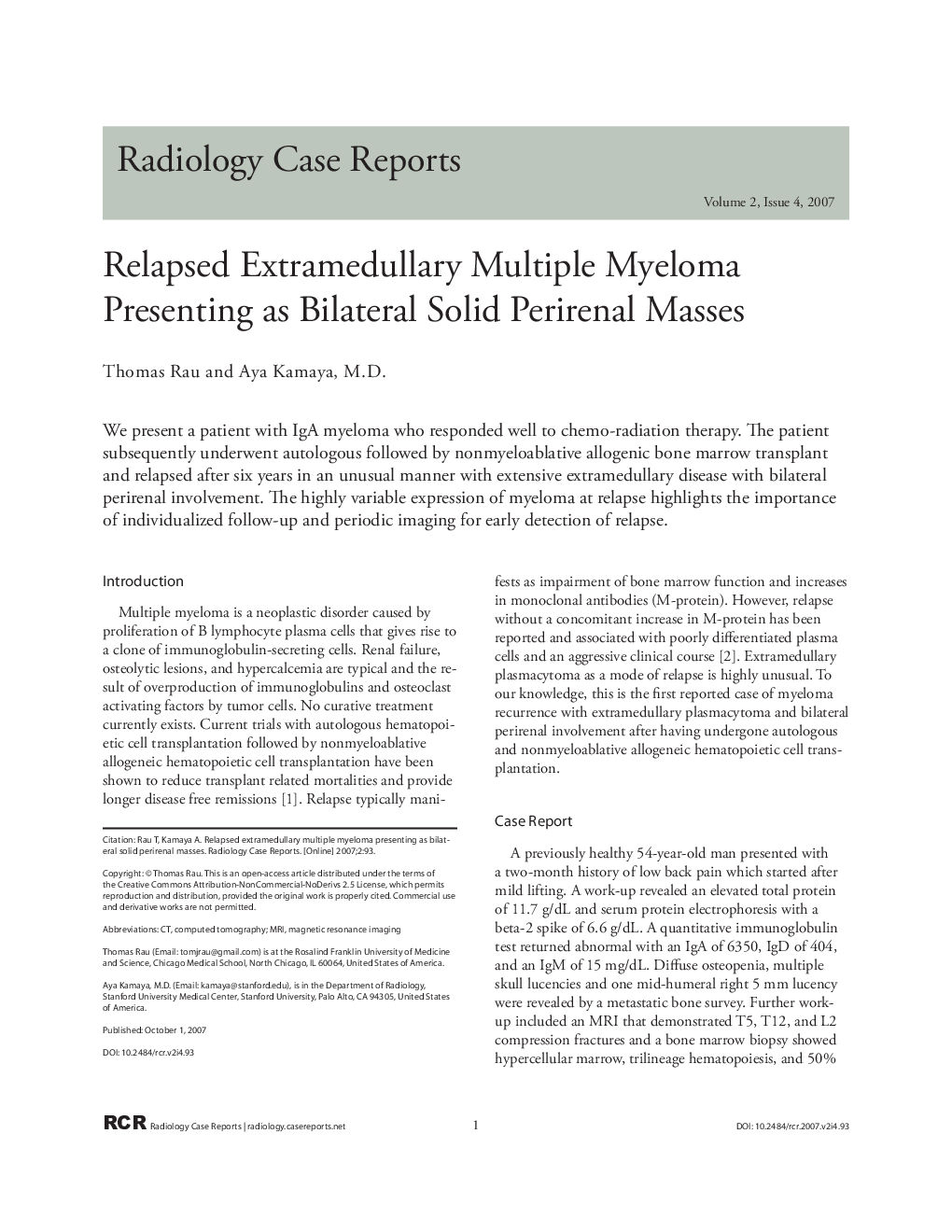 Relapsed Extramedullary Multiple Myeloma Presenting as Bilateral Solid Perirenal Masses