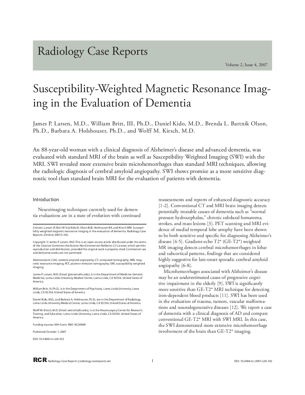 Susceptibility-Weighted Magnetic Resonance Imaging in the Evaluation of Dementia