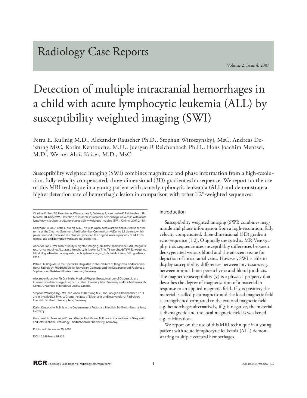 Detection of multiple intracranial hemorrhages in a child with acute lymphocytic leukemia (ALL) by susceptibility weighted imaging (SWI)