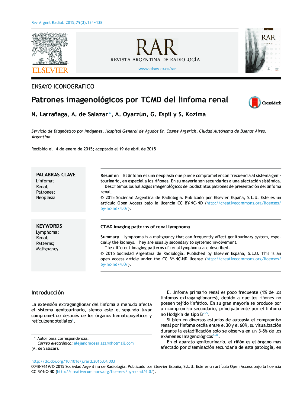 Patrones imagenológicos por TCMD del linfoma renal