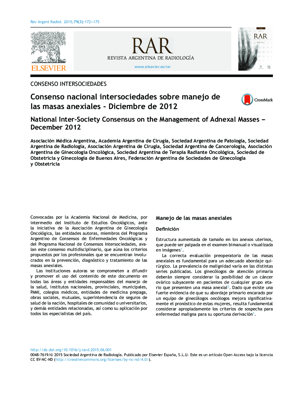 Consenso nacional intersociedades sobre manejo de las masas anexiales - Diciembre de 2012