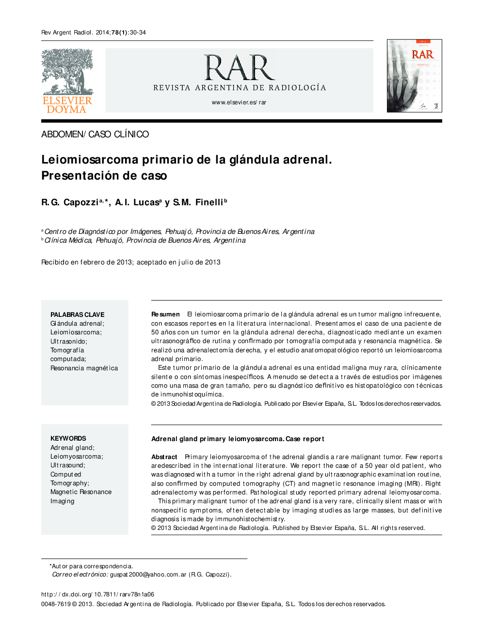 Leiomiosarcoma primario de la glándula adrenal. Presentación de caso