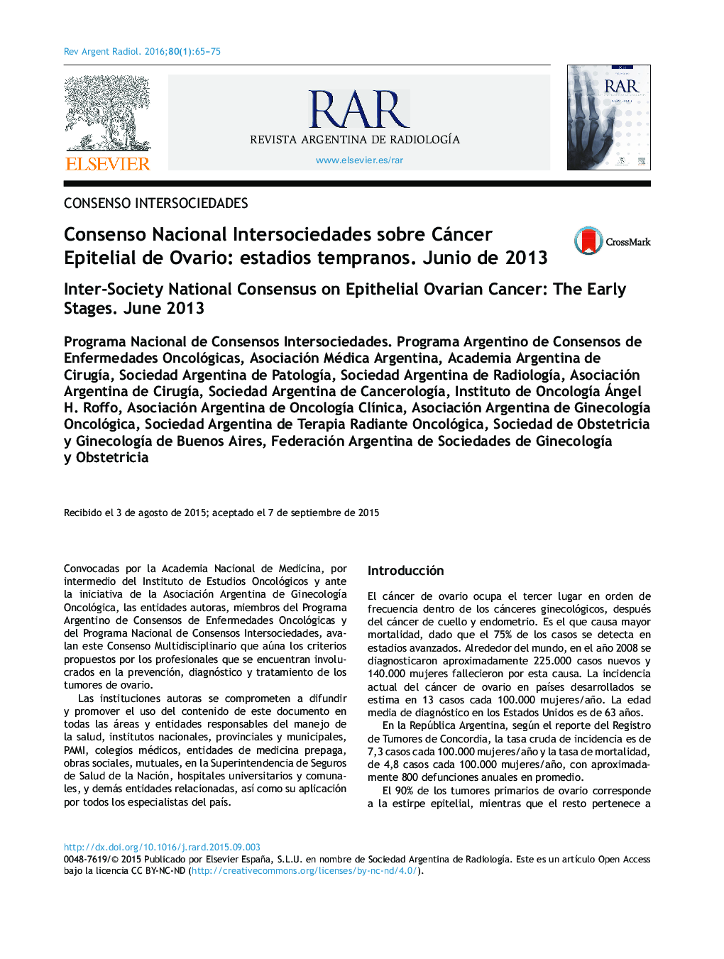 Consenso Nacional Intersociedades sobre Cáncer Epitelial de Ovario: estadios tempranos. Junio de 2013