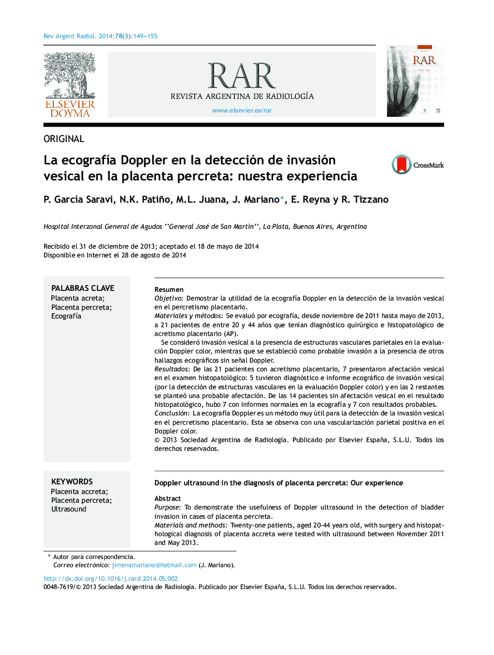 La ecografía Doppler en la detección de invasión vesical en la placenta percreta: nuestra experiencia