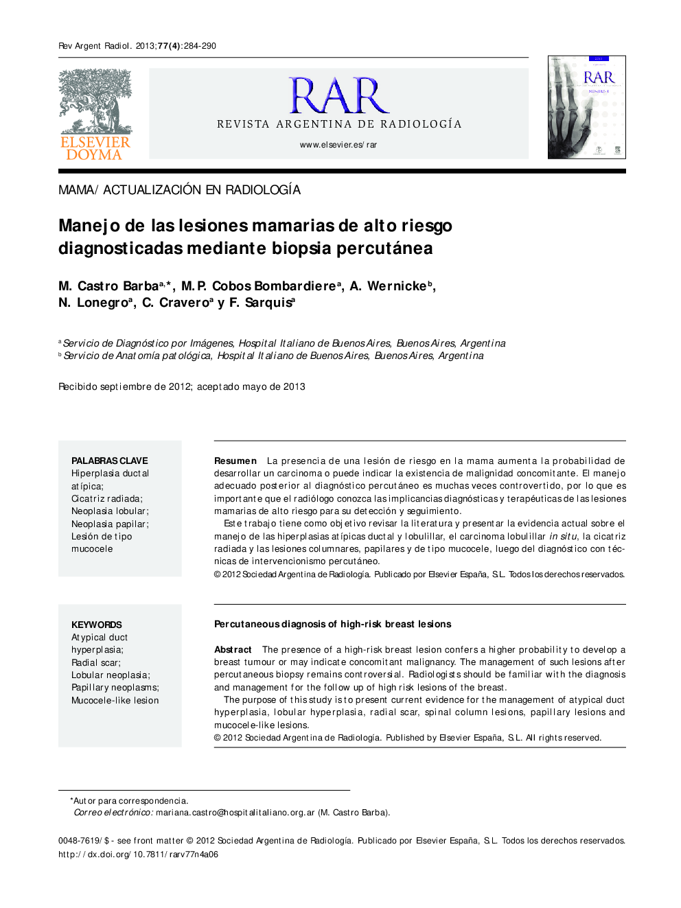 Manejo de las lesiones mamarias de alto riesgo diagnosticadas mediante biopsia percutánea