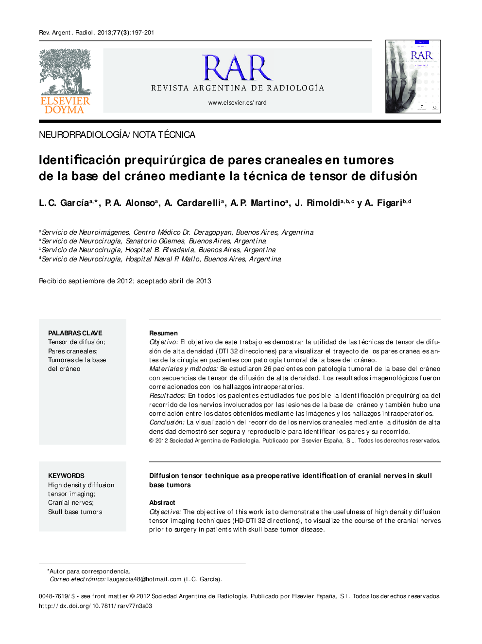 Identificación prequirúrgica de pares craneales en tumores de la base del cráneo mediante la técnica de tensor de difusión