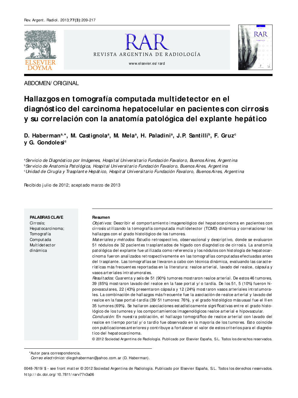 Hallazgos en tomografía computada multidetector en el diagnóstico del carcinoma hepatocelular en pacientes con cirrosis y su correlación con la anatomía patológica del explante hepático