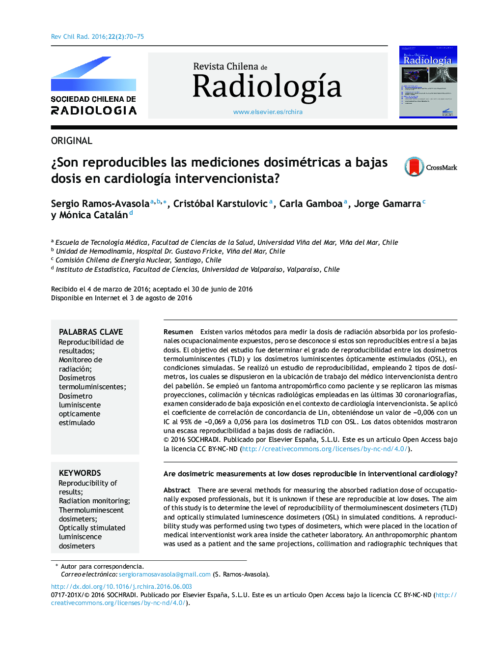 ¿Son reproducibles las mediciones dosimétricas a bajas dosis en cardiología intervencionista?