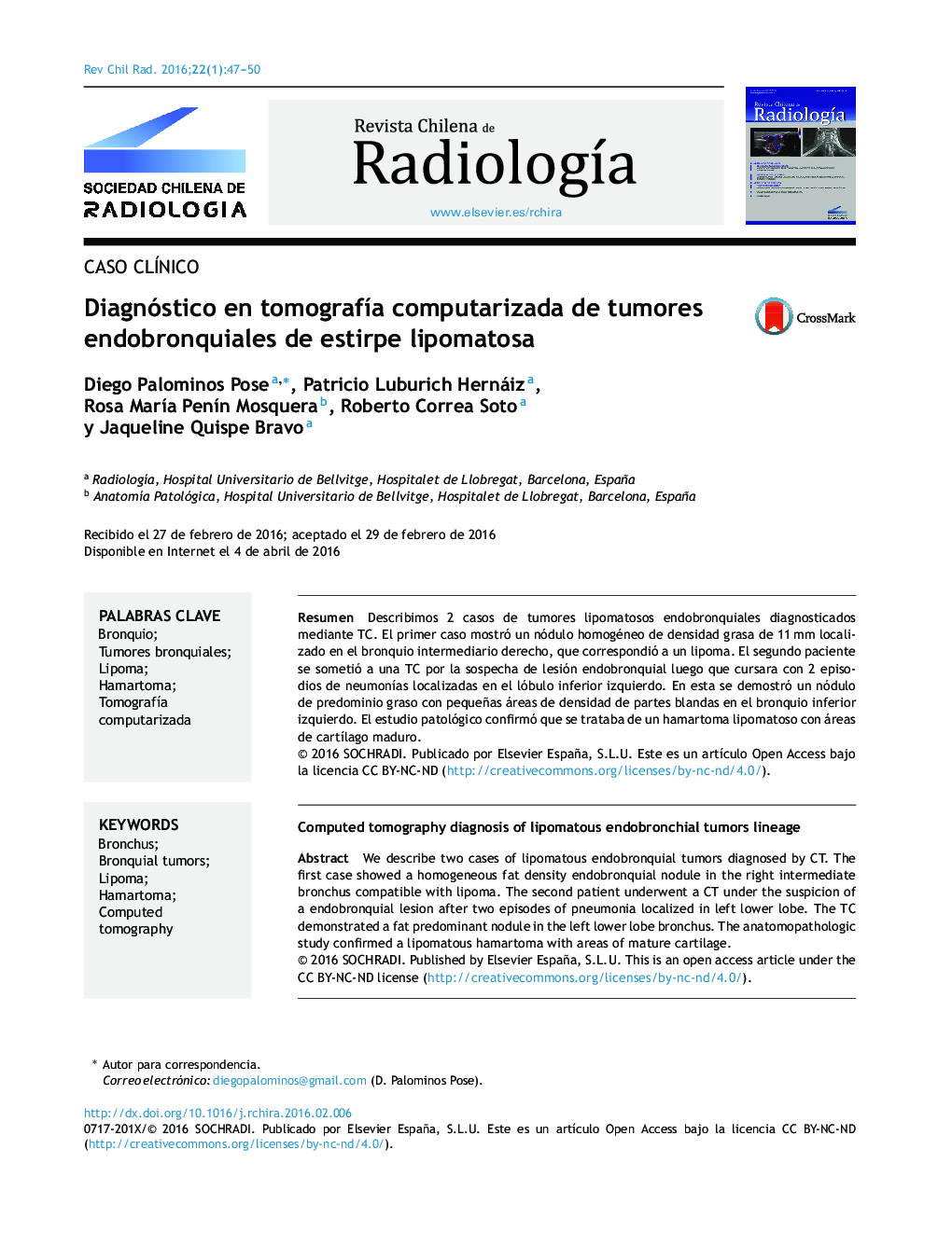 Diagnóstico en tomografía computarizada de tumores endobronquiales de estirpe lipomatosa