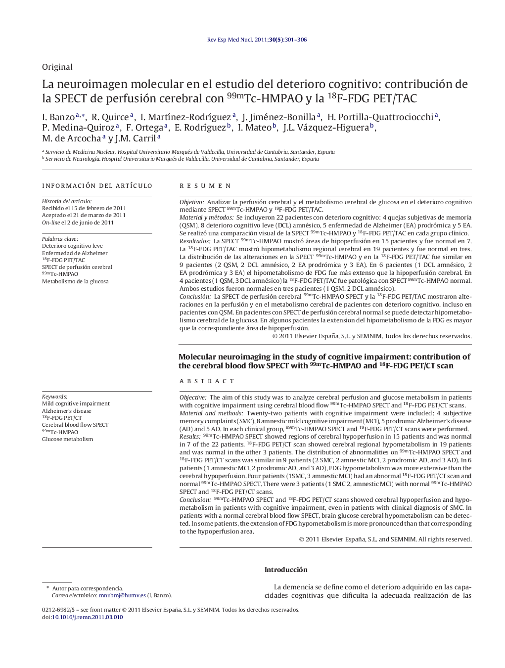 La neuroimagen molecular en el estudio del deterioro cognitivo: contribución de la SPECT de perfusión cerebral con 99mTc-HMPAO y la 18F-FDG PET/TAC
