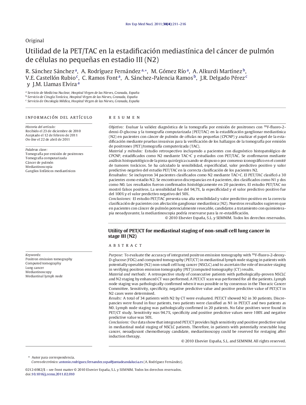 Utilidad de la PET/TAC en la estadificación mediastÃ­nica del cáncer de pulmón de células no pequeñas en estadio III (N2)