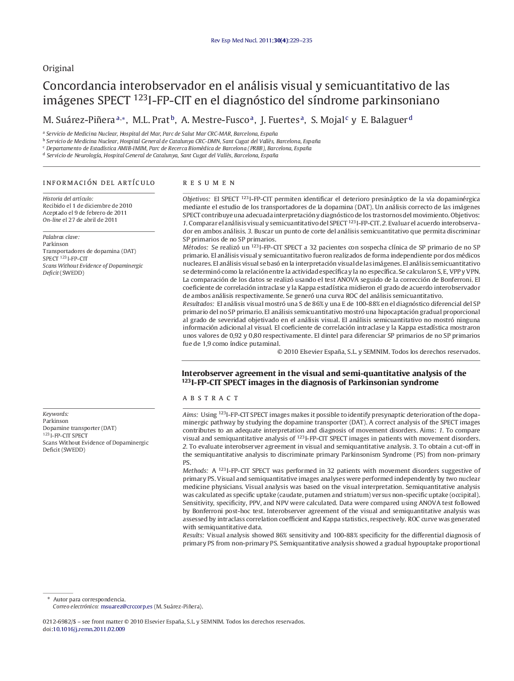 Concordancia interobservador en el análisis visual y semicuantitativo de las imágenes SPECT 123I-FP-CIT en el diagnóstico del síndrome parkinsoniano