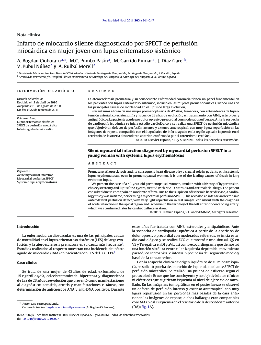 Infarto de miocardio silente diagnosticado por SPECT de perfusión miocárdica en mujer joven con lupus eritematoso sistémico