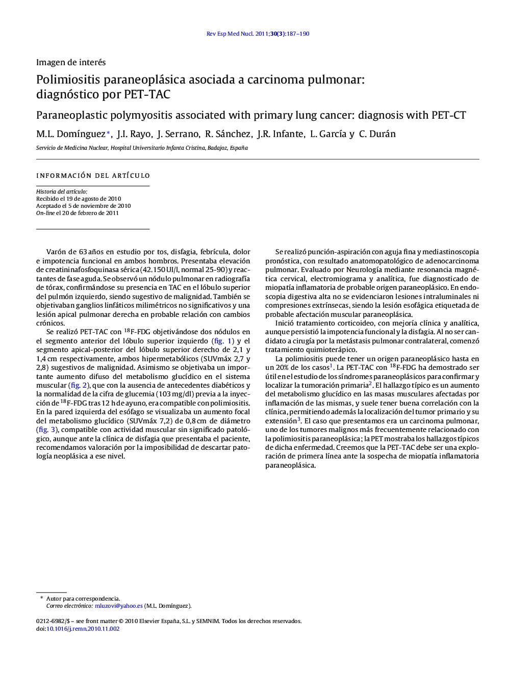 Polimiositis paraneoplásica asociada a carcinoma pulmonar: diagnóstico por PET-TAC