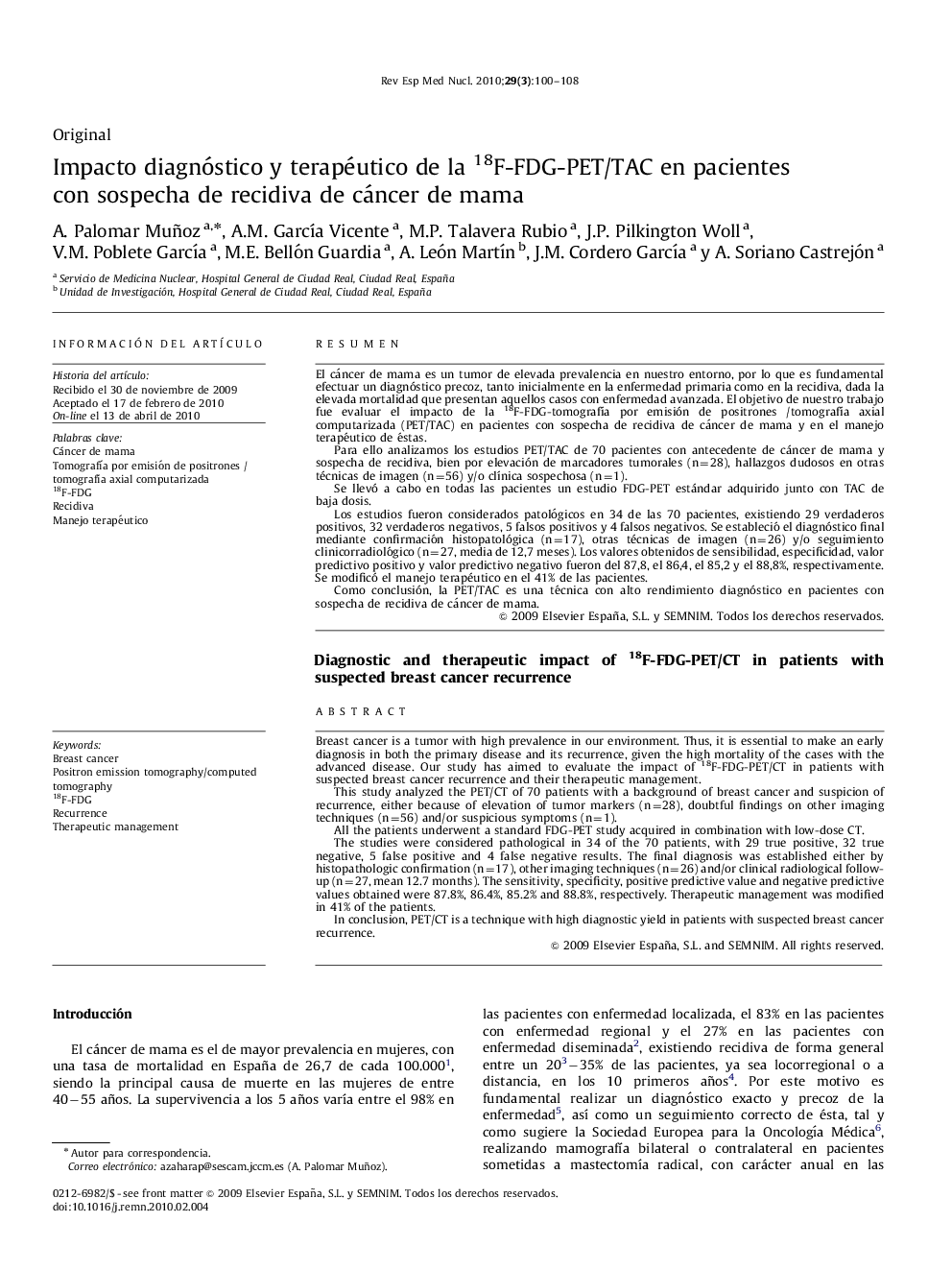 Impacto diagnóstico y terapéutico de la 18F-FDG-PET/TAC en pacientes con sospecha de recidiva de cáncer de mama