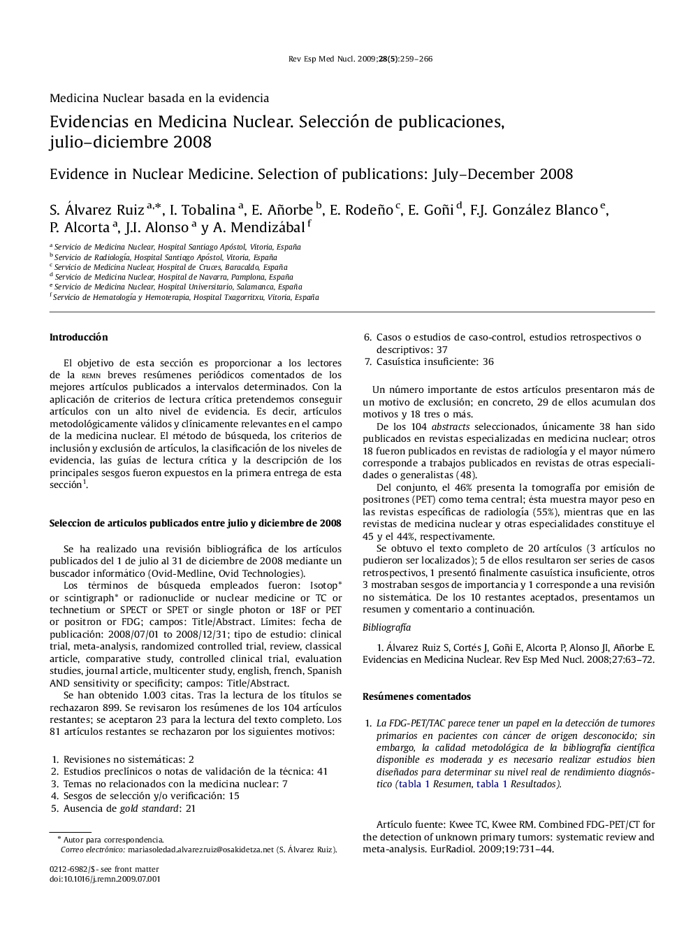 Evidencias en Medicina Nuclear. Seleccion de publicaciones, julio-diciembre 2008