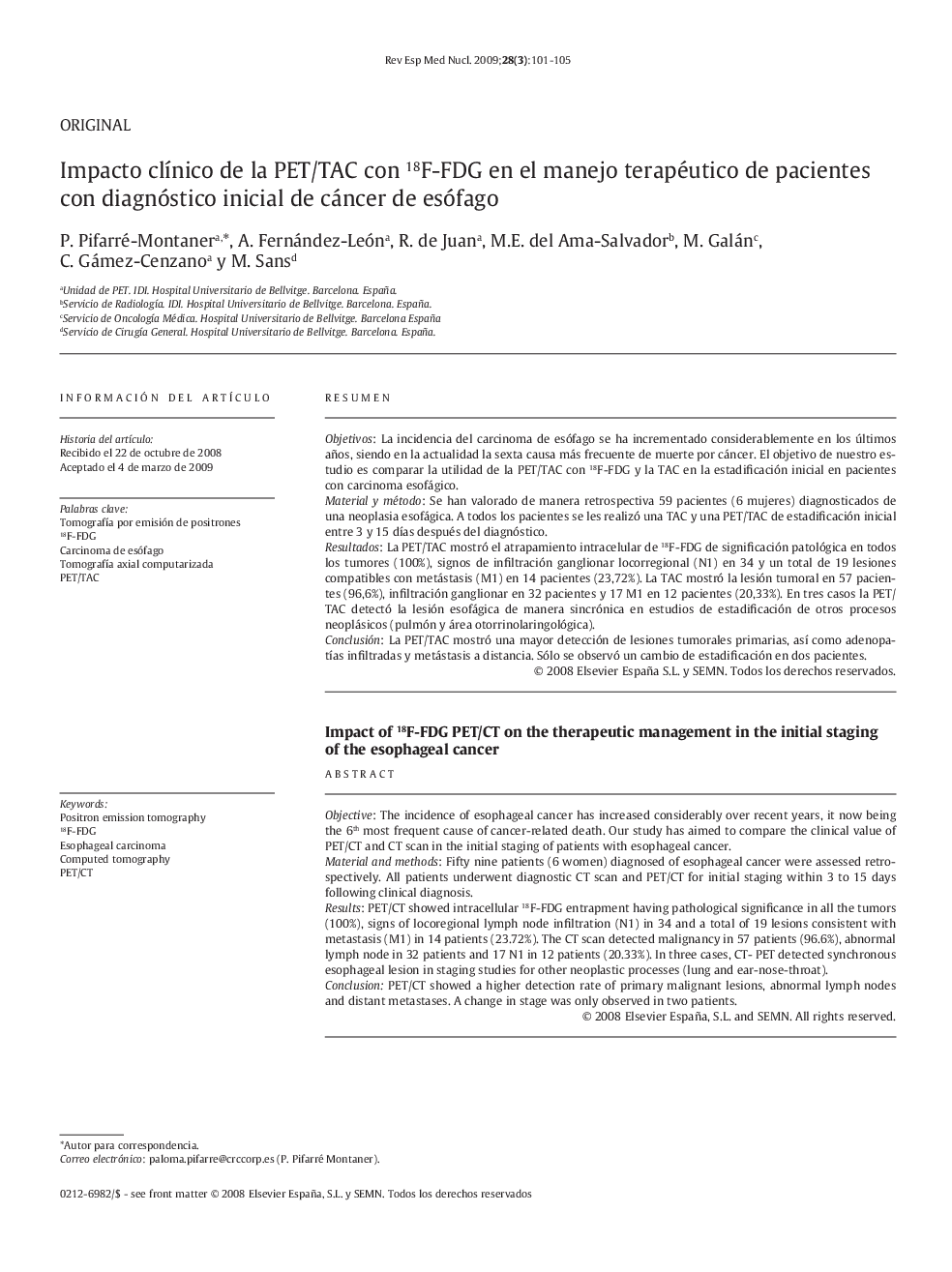 Impacto clínico de la PET/TAC con 18F-FDG en el manejo terapéutico de pacientes con diagnóstico inicial de cáncer de esófago
