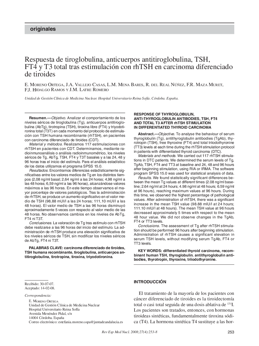 Respuesta de tiroglobulina, anticuerpos antitiroglobulina, TSH, FT4 y T3 total tras estimulación con rhTSH en carcinoma diferenciado de tiroides
