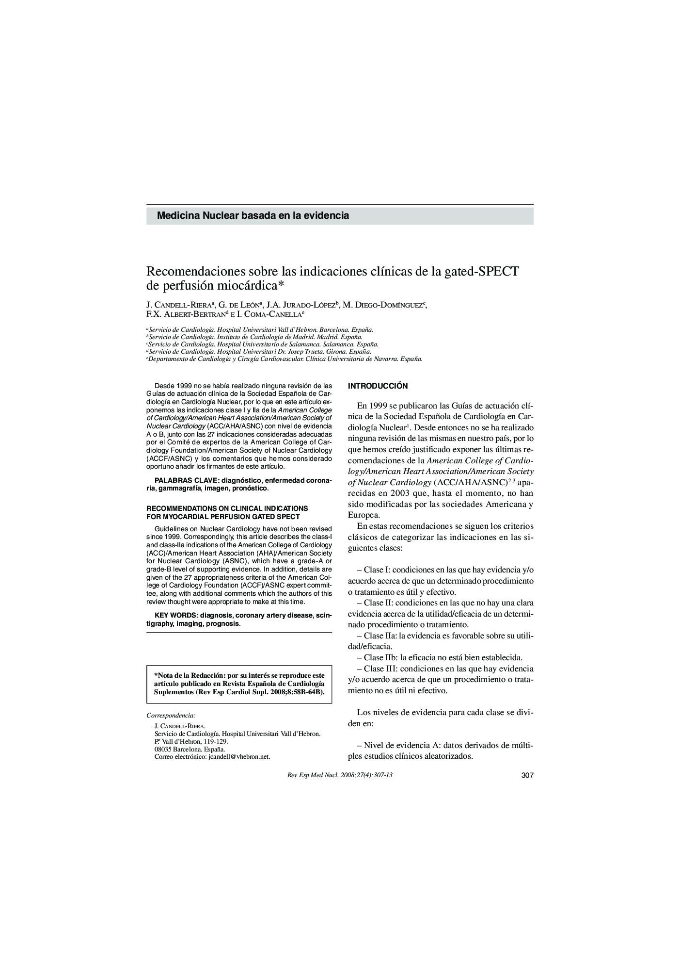 Recomendaciones sobre las indicaciones clínicas de la gated-SPECT de perfusión miocárdica 