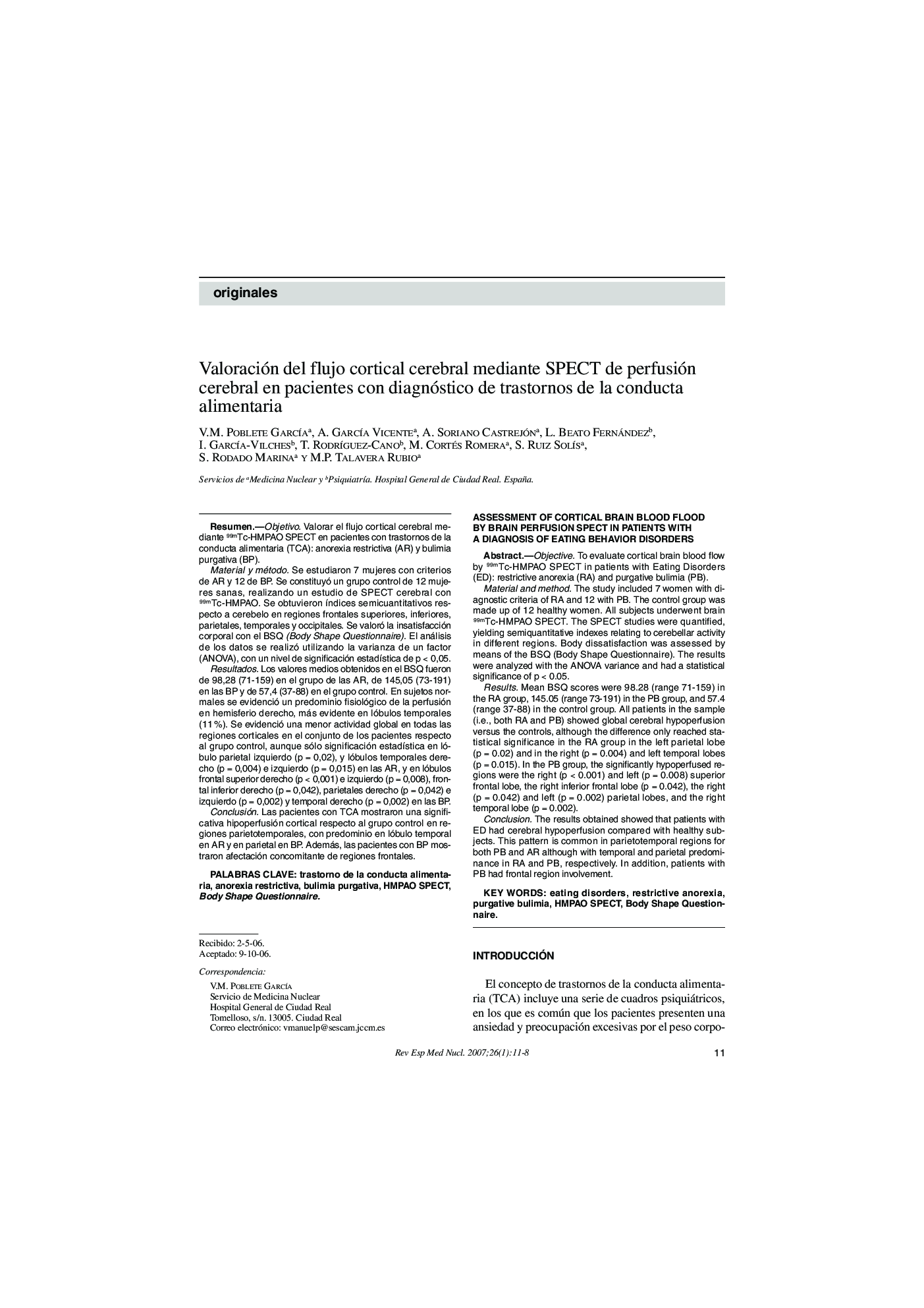 Valoración del flujo cortical cerebral mediante SPECT de perfusión cerebral en pacientes con diagnóstico de trastornos de la conducta alimentaria