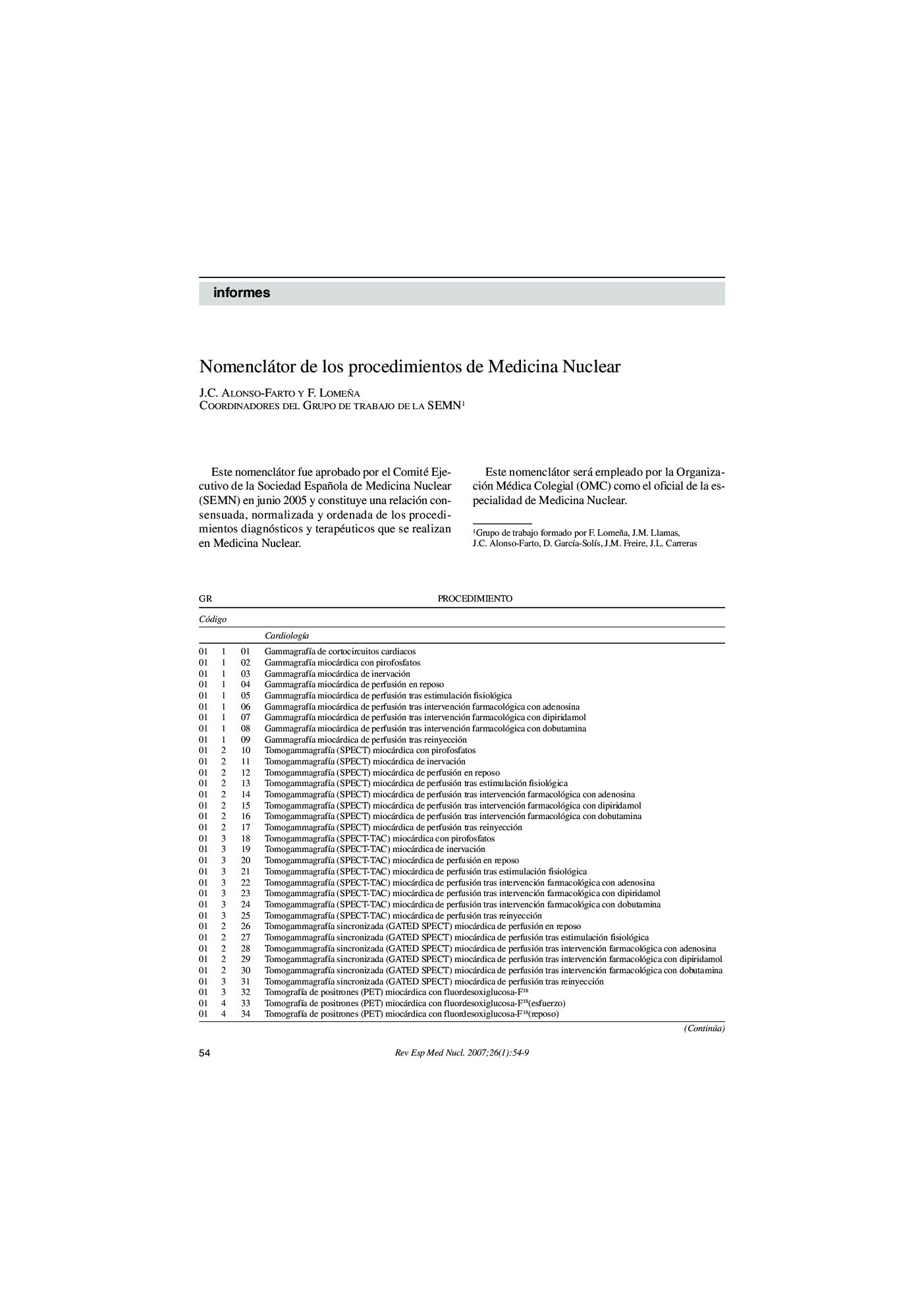 Nomenclátor de los procedimientos de Medicina Nuclear