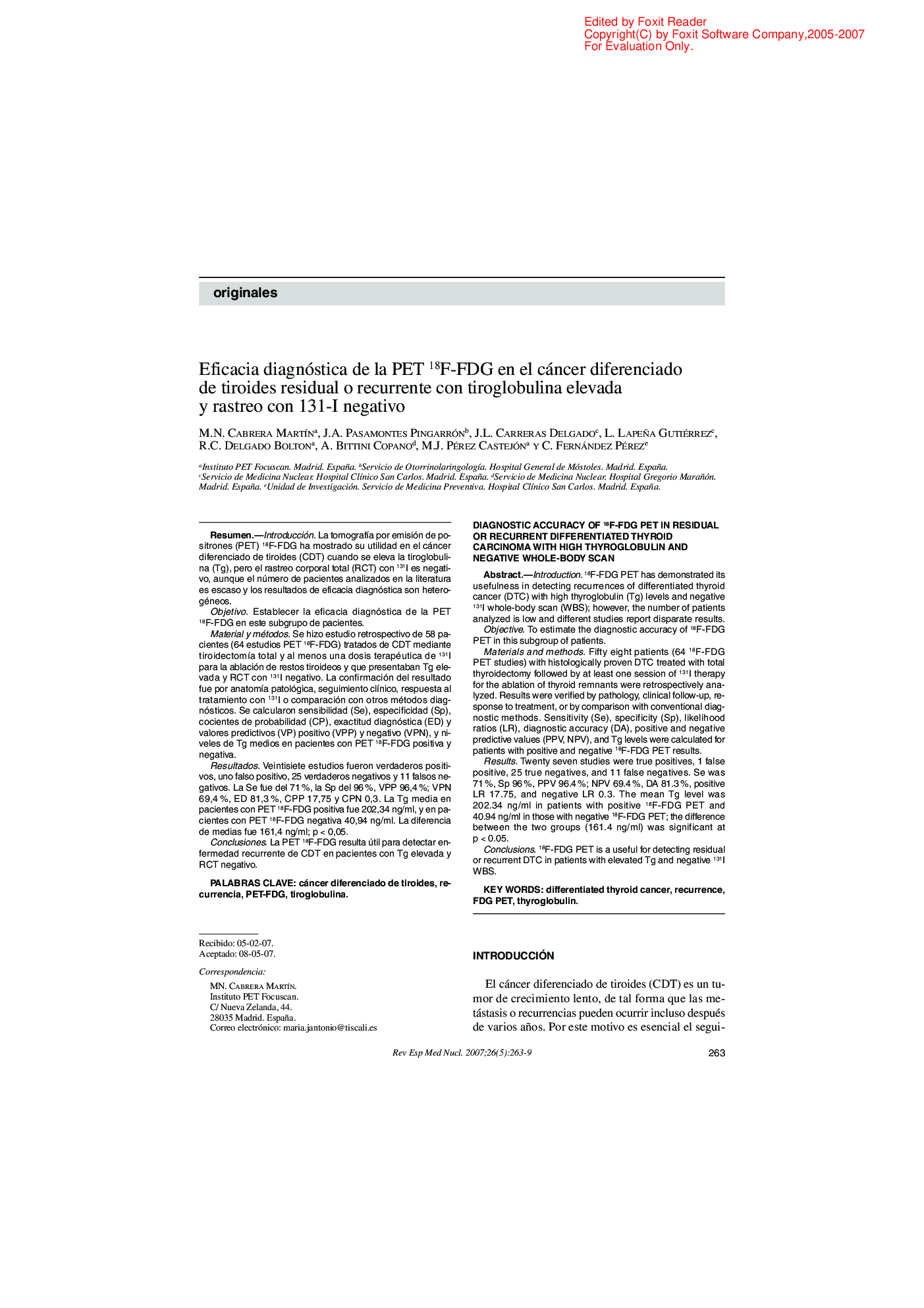 Eficacia diagnóstica de la PET 18F-FDG en el cáncer diferenciado de tiroides residual o recurrente con tiroglobulina elevada y rastreo con 131-I negativo