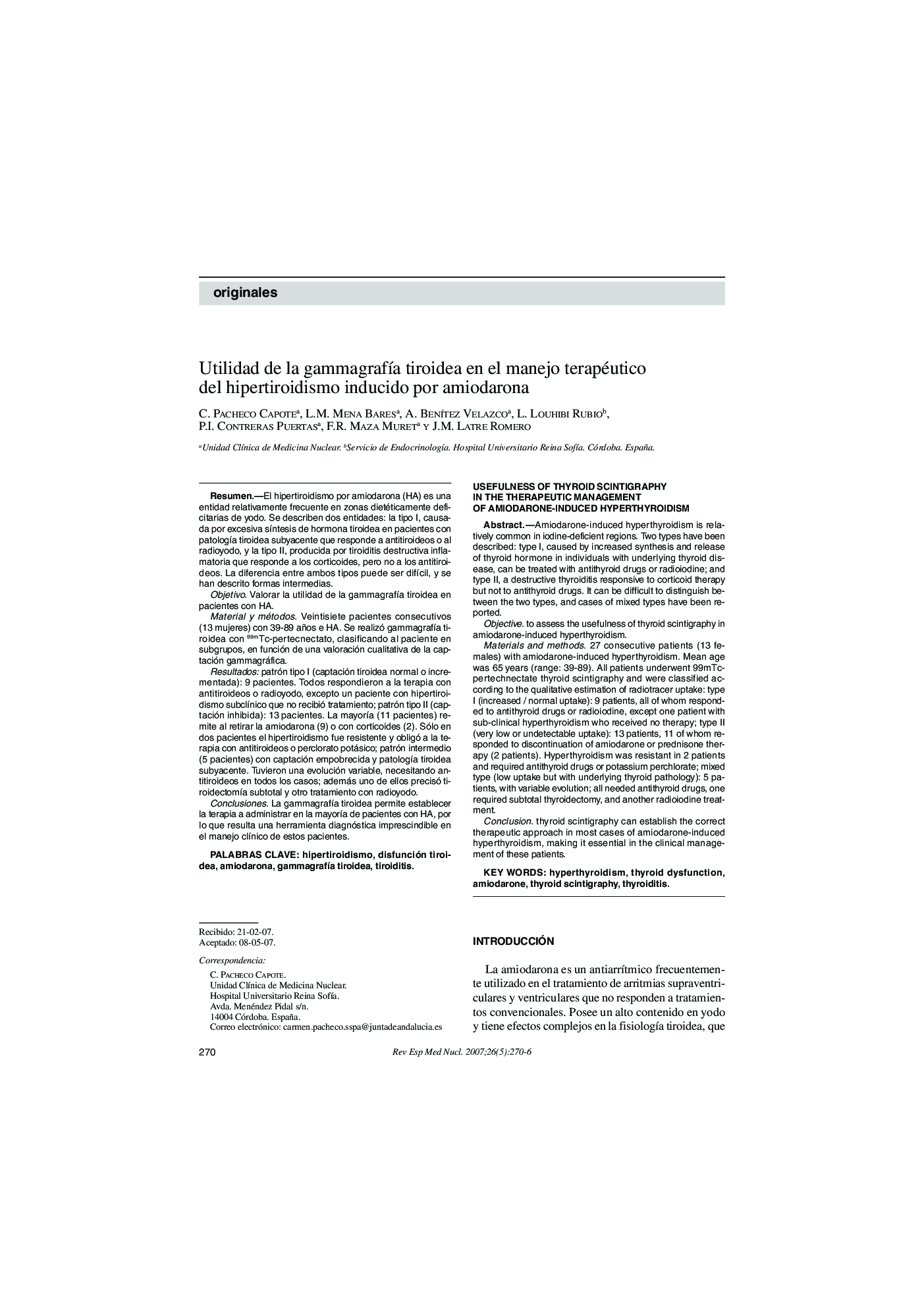 Utilidad de la gammagrafÃ­a tiroidea en el manejo terapéutico del hipertiroidismo inducido por amiodarona