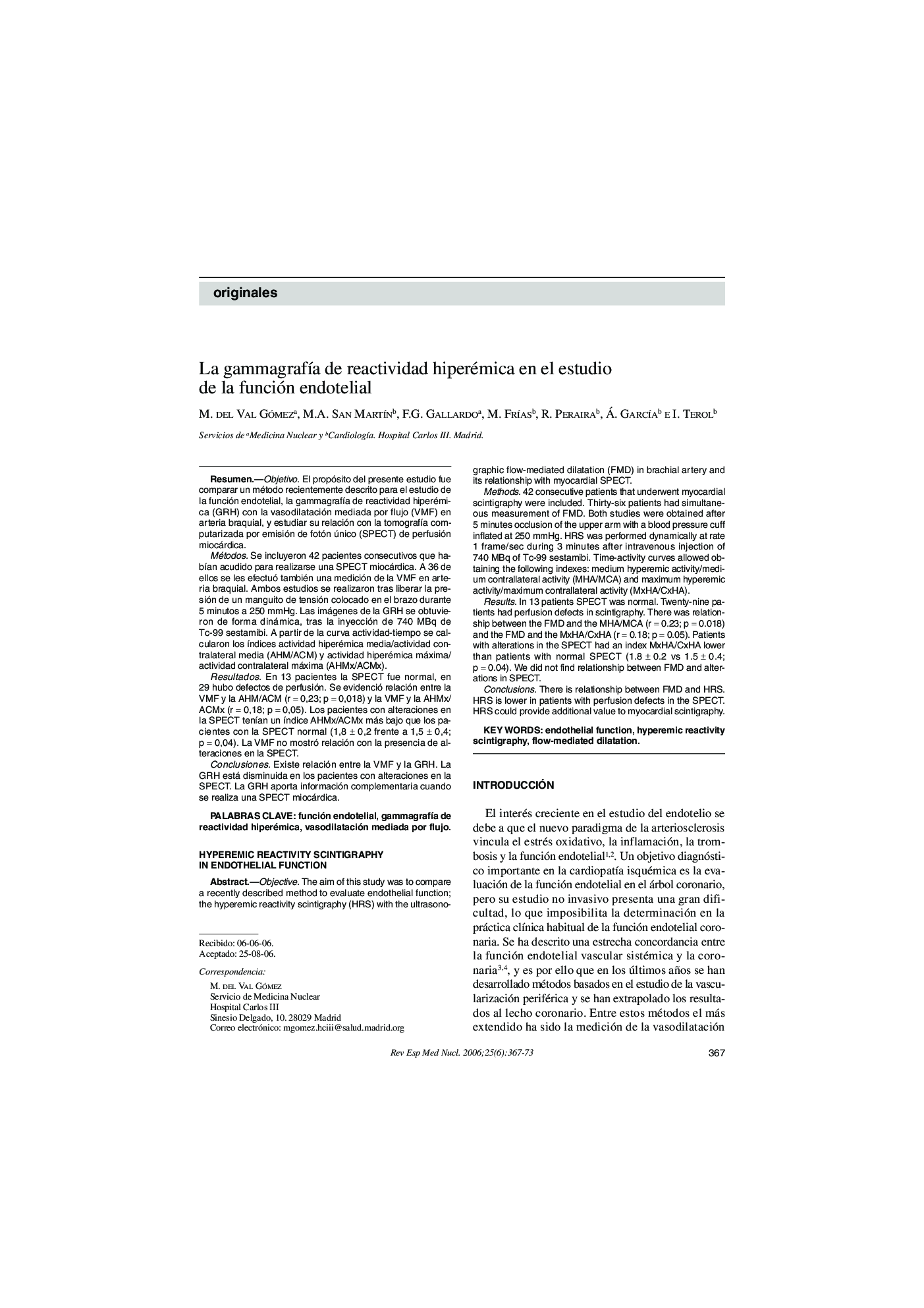 La gammagrafÃ­a de reactividad hiperémica en el estudio de la función endotelial