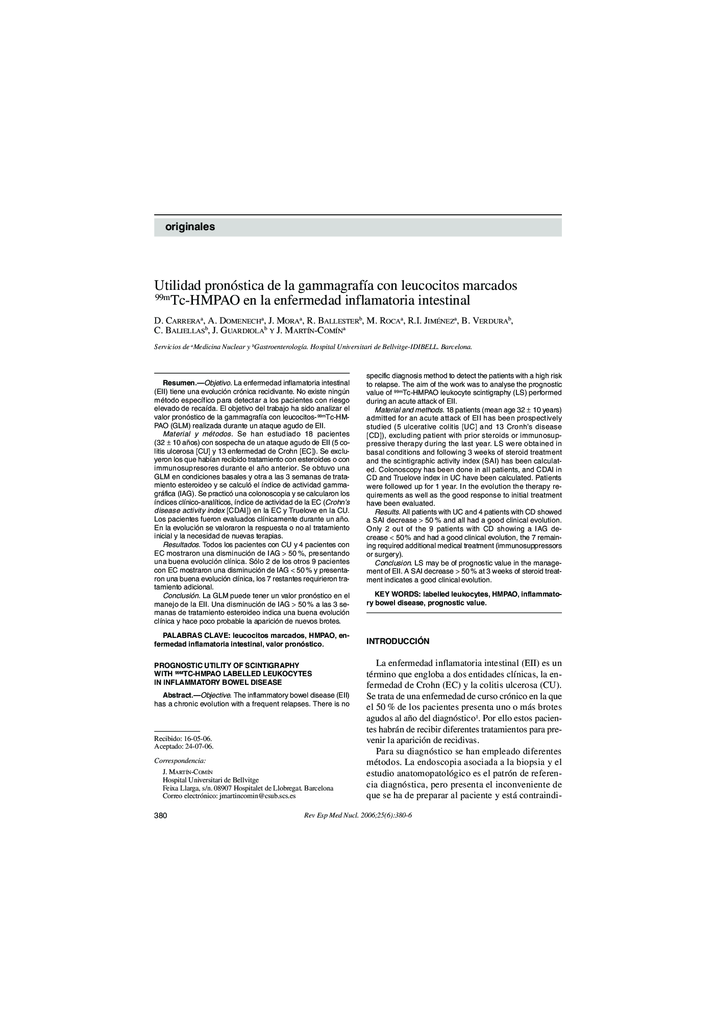 Utilidad pronóstica de la gammagrafÃ­a con leucocitos marcados 99mTc-HMPAO en la enfermedad inflamatoria intestinal