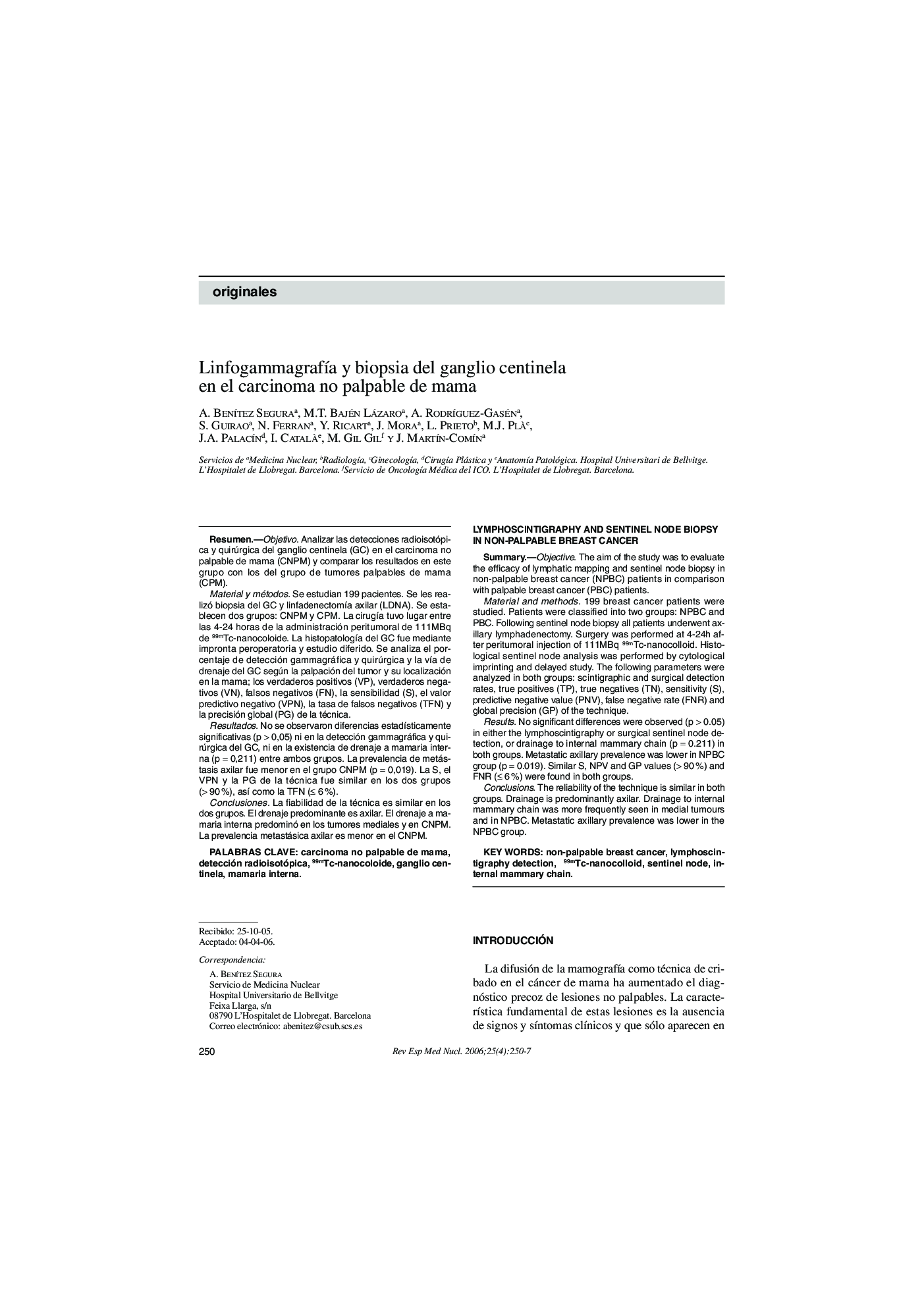 LinfogammagrafÃ­a y biopsia del ganglio centinela en el carcinoma no palpable de mama