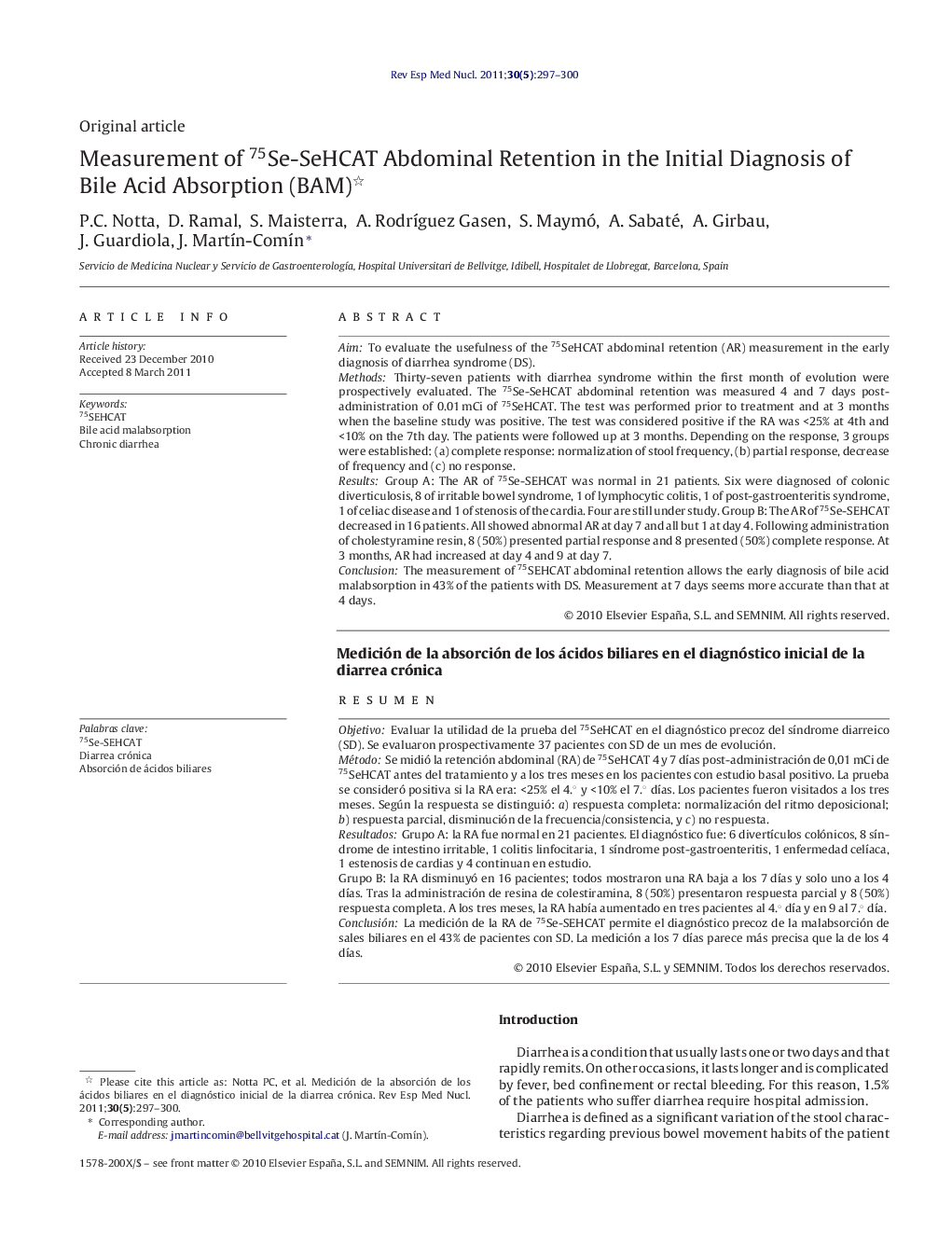 Measurement of 75Se-SeHCAT Abdominal Retention in the Initial Diagnosis of Bile Acid Absorption (BAM) 